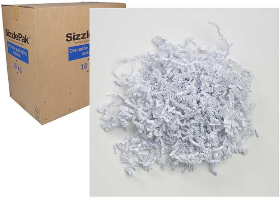 Kartonnen doos van 10 kg met SizzlePak opvulmateriaal en een berg wit, versnipperd papier.