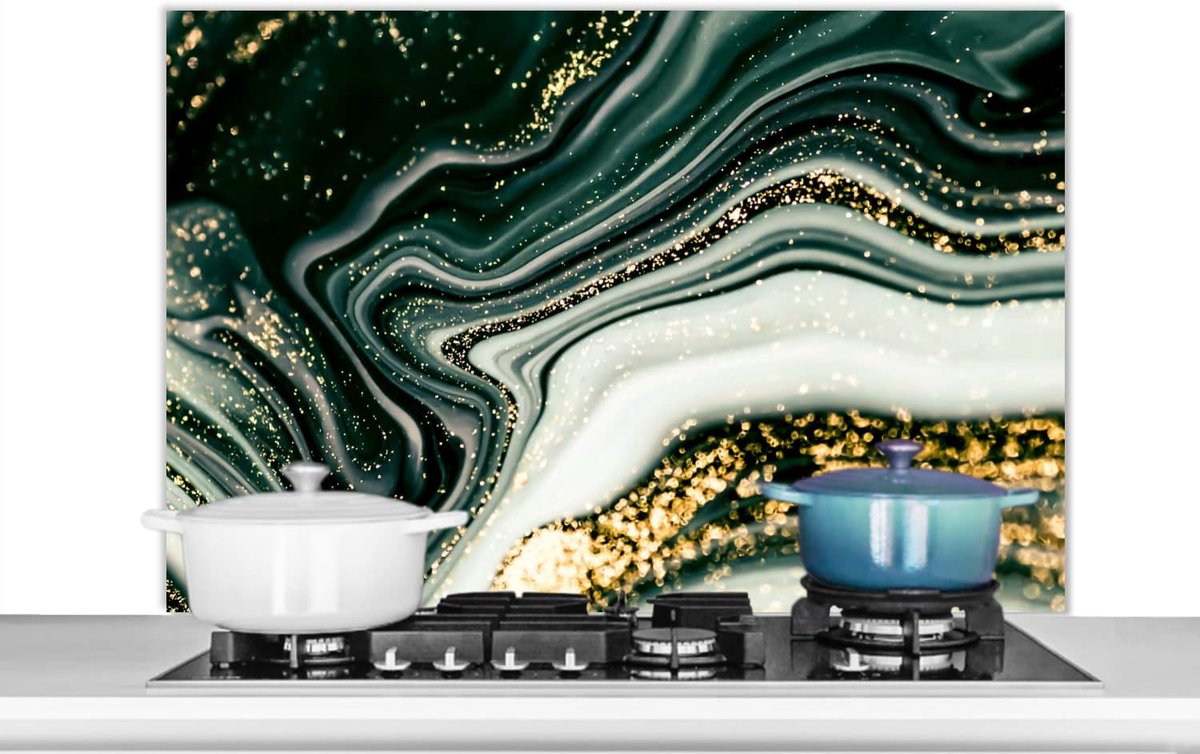 Spatscherm Keuken - 100x65 cm - Marmerlook - Goud - Groen - Glitter - Design - Marmer