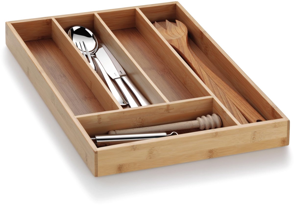 Bamboe bestekbak voor schuifladen, 30 x 34 x 5 cm, lade-inzet met 5 vakken, lade-organizer keuken