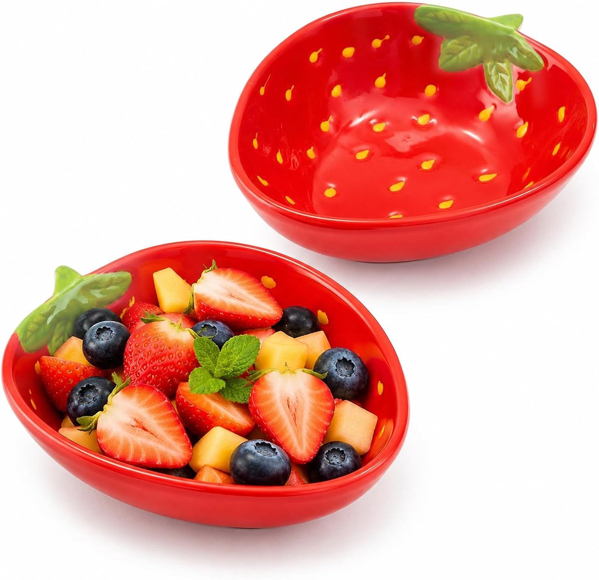 2 stuks keramische schalen in vorm, 13 × 10,5 × 3,8 cm, dienblad in de vorm van rode aardbeien, veelzijdig en gemakkelijk te reinigen, dessertschaal en fruitdienblad, elegant en betoverend