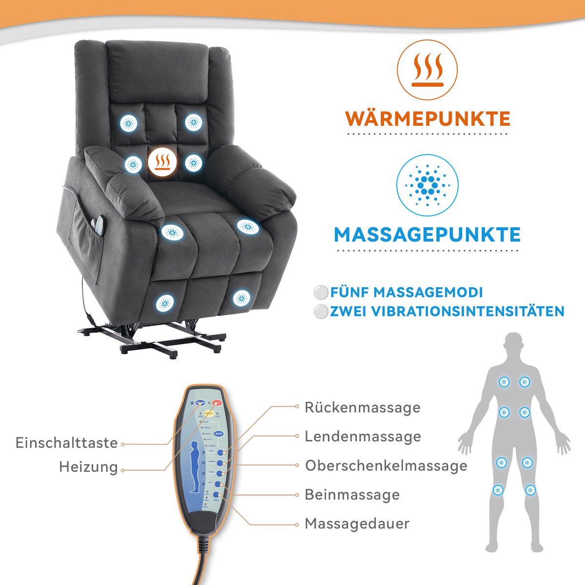Elektrische verstelbare TV-stoel met opstahulp - Massage- en warmtefunctie - Ligstoel met voetenbankje - 2 zijvakken en bekerhouder - USB-poorten - Kleur grijs – foto 7