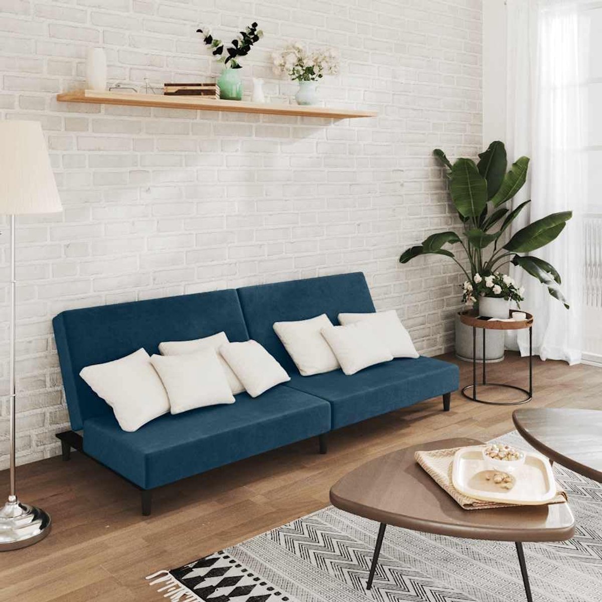 2-zits Blauw Fluwelen Bedbank met Verstelbare Rugleuningen en Robuuste Houten Lijst voor Woonkamer en Kantoor