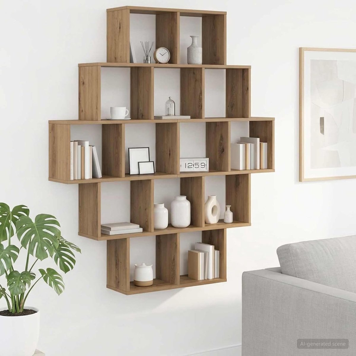 Wandrek, eikenlook met meerdere legplanken voor boeken en decoratie, 120 x 20 x 136 cm, houten rek voor woonkamer, slaapkamer, kantoor