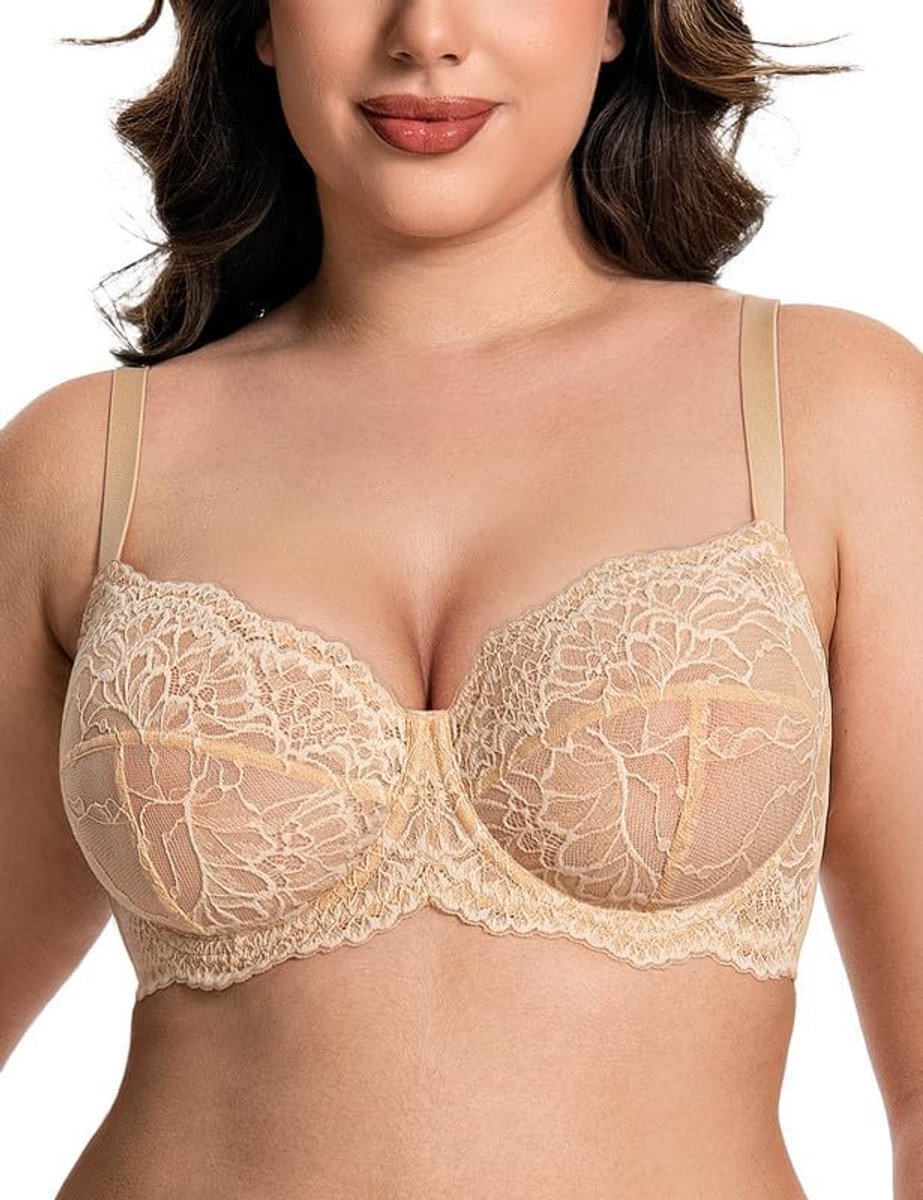 Minimizer-beha voor dames, met beugel, grote maten met kant, doorzichtig, sexy beha voor grote borsten, kant, bralette, zonder vulling
