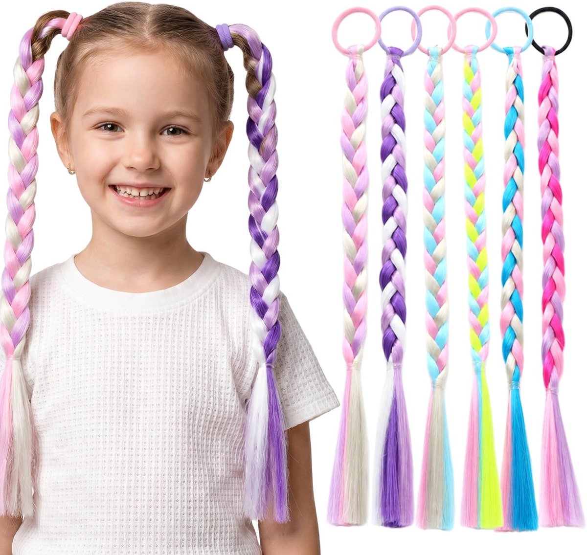 6 Stuks Voorgevlochten Gekleurde Haarverlengingen, Feestelijke Kinderhaar, Lichtgewicht Synthetische Vlechten met Elastieken, Veelkleurige Set