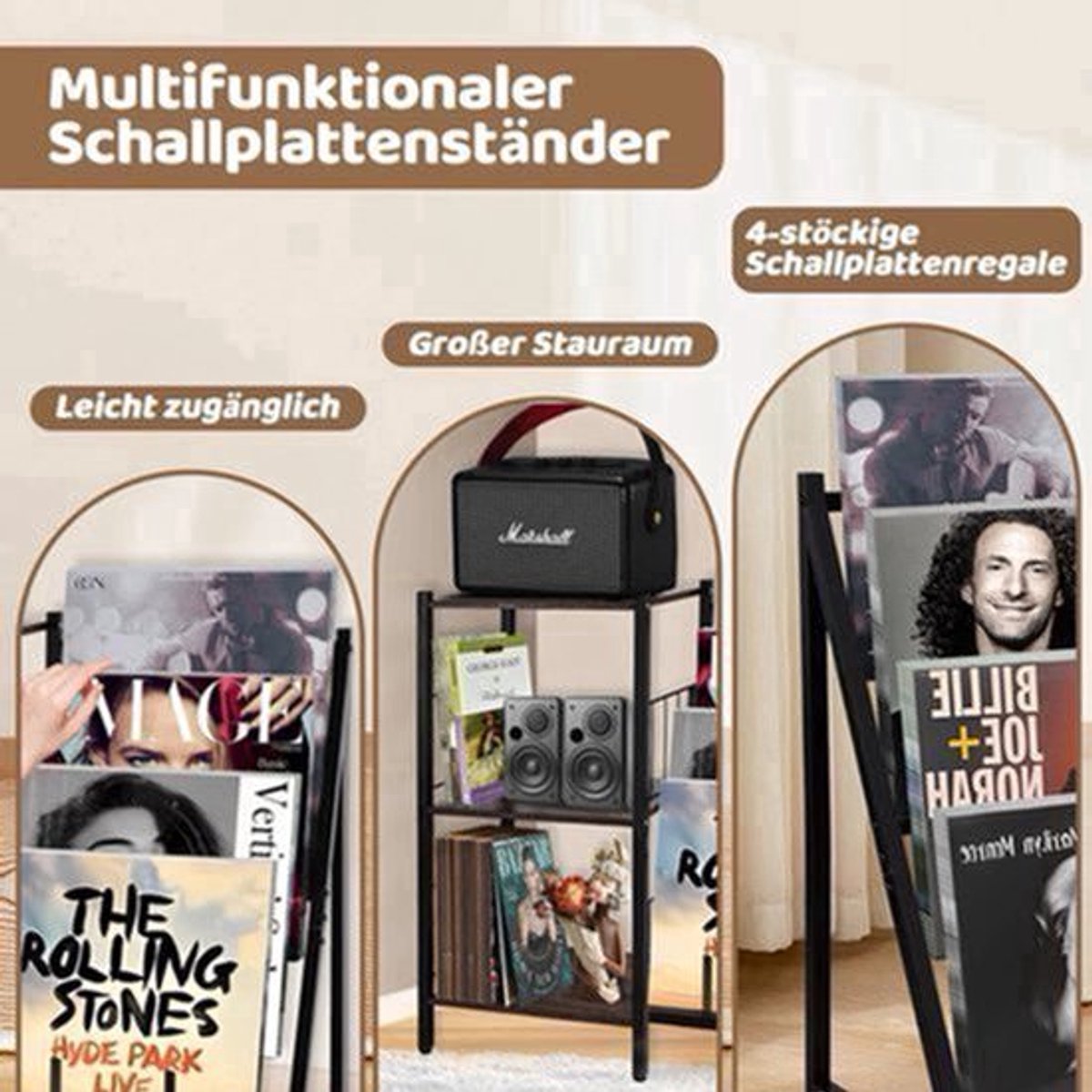 Vinylrek – Vinylplank – Platenkast – Opbergkast – Boekenkast – Duurzaam Waterbestendig Hout – Robuust Metalen Frame - 84 x 30 x 75.5 cm - Zwart