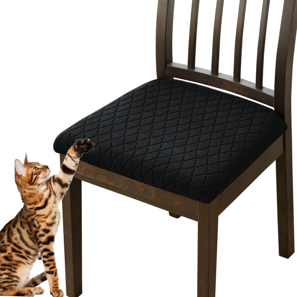jacquard keuken eetkamer stoelhoezen, afneembare stoelbekleding voor eetkamerstoelen set van 2/4/6, Parsons stoelbeschermer decoratieve afdekkingen (zwart, 4 stuks)