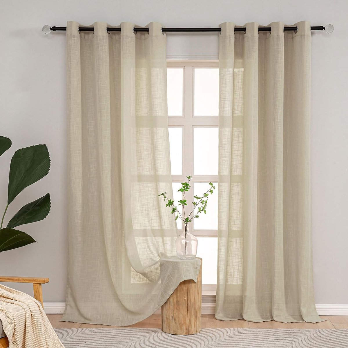 Kort Taupe Stores, doorschijnende gordijnen in linnenlook, half-transparante gordijnen met inslagringen, gordijnen voor woonkamer en slaapkamer, moderne raamdecoratie, set van 2, 145 cm hoog