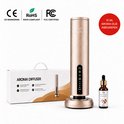 Gouden Nira Breeze diffuser met flesje aromaolie, verpakking en certificeringen zoals CE, RoHS, FC.