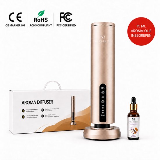 Gouden Nira Breeze diffuser met flesje aromaolie, verpakking en certificeringen zoals CE, RoHS, FC.
