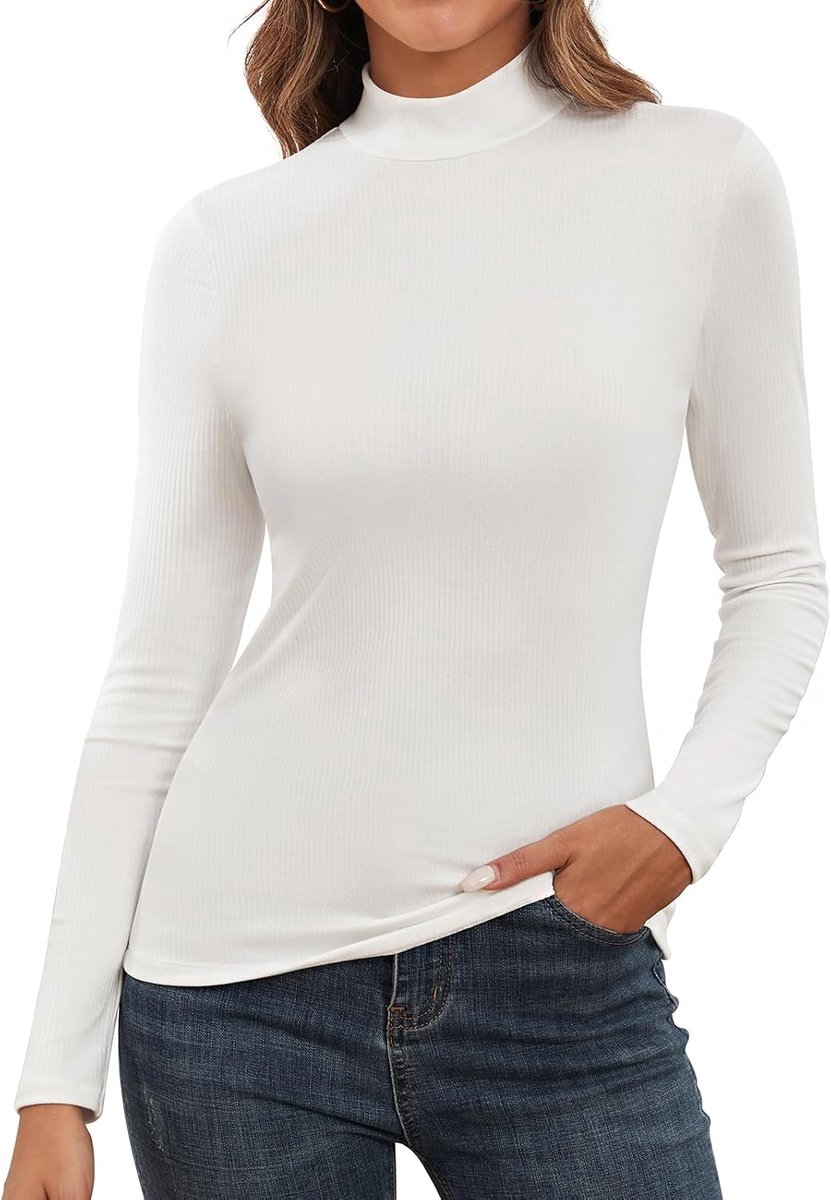 Coltrui Tee Damestop met Hoge Kraag Pullover Lange Mouw Gebreide Trui Elastisch Effen Tshirt Nauwsluitende Top Nauwsluitend Basistop