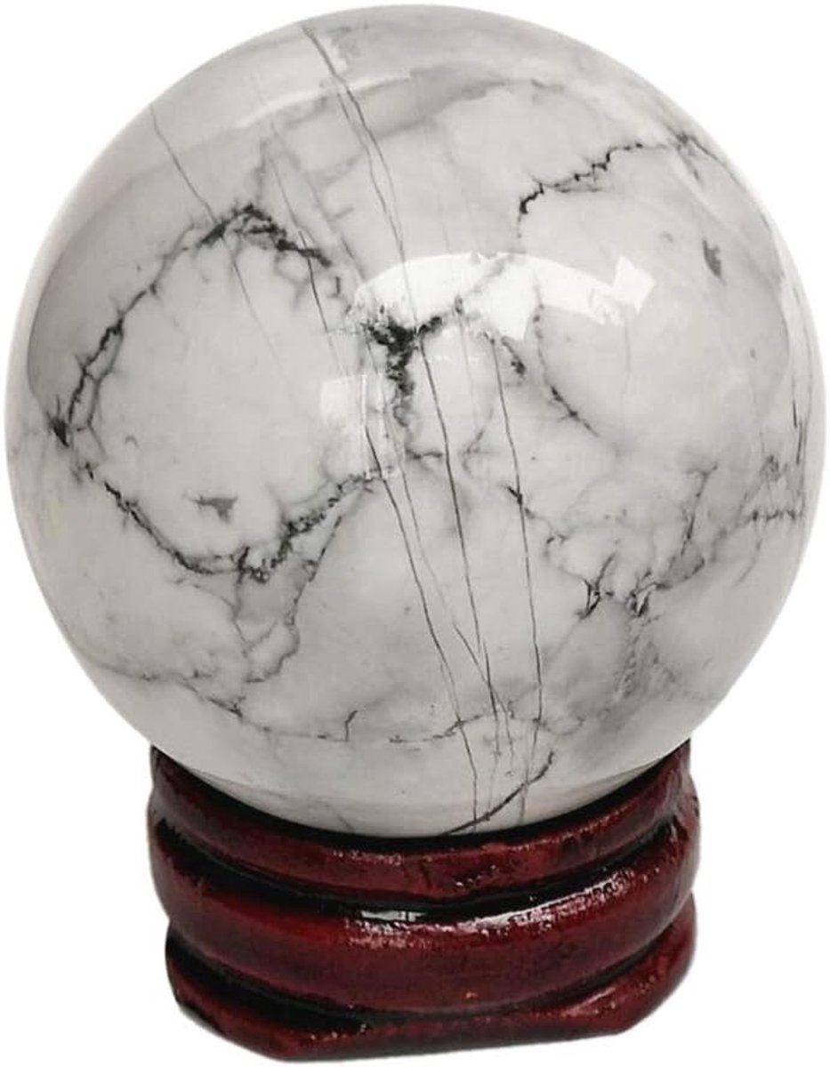 40 mm helende kristallen bol divinatie sphere, sculptuur woondecoratie Fengshui ballen met houten standaard, witte howliet turquoise
