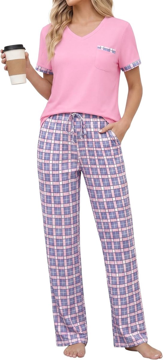 Pyjama voor dames, korte mouwen, geruite slaapbroek, lange pyjama, dames, zomer, pyjama's voor dames, nachtkleding, vrouwen, pyjama's