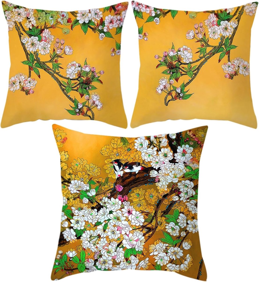 Set van 3 Kussenhoezen 45 x 45 cm met Bloemenpatroon voor Sofa en Woondecoratie in Geel