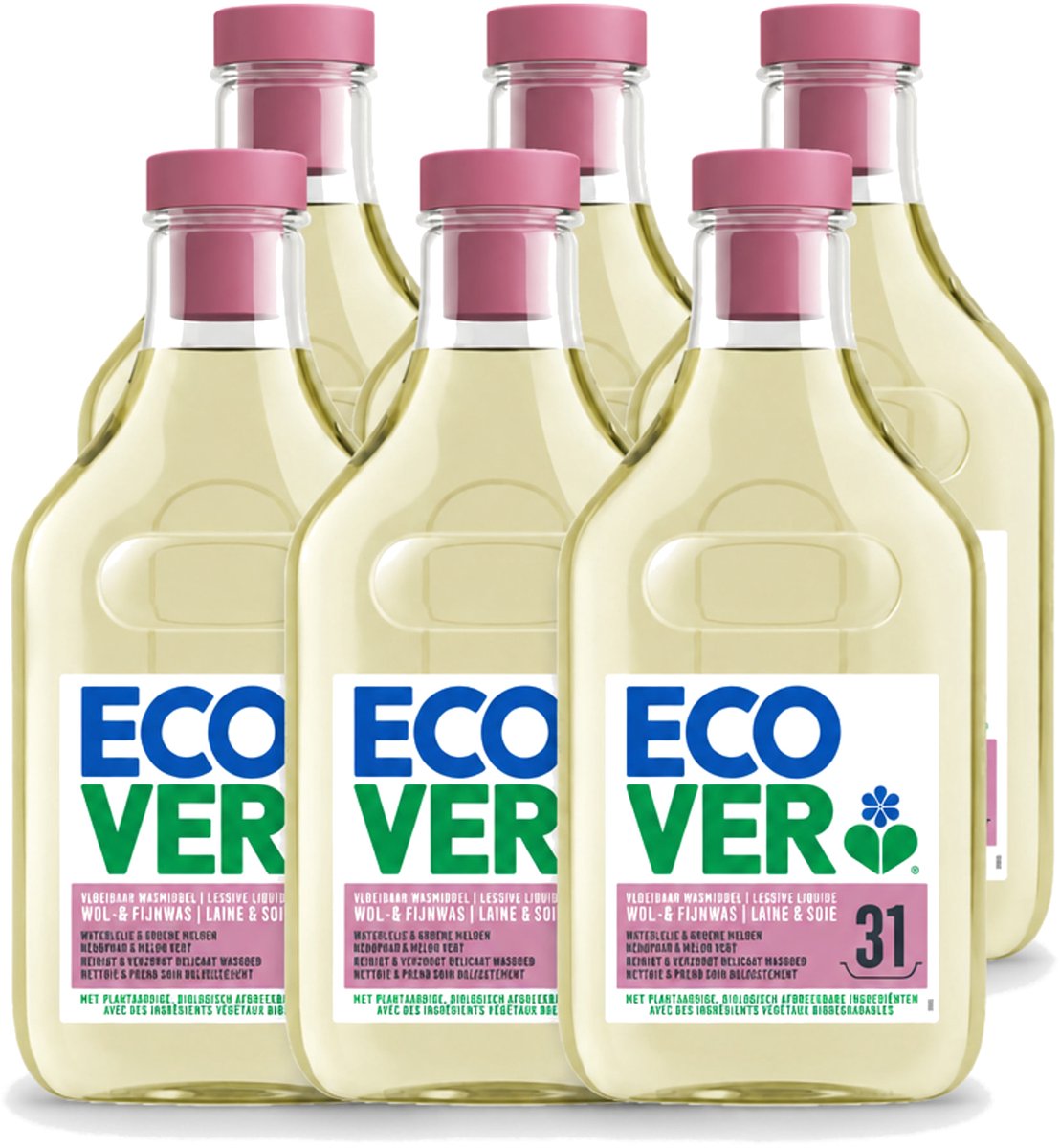 6 x Ecover - Vloeibaar Wasmiddel - Wol & Fijn Was - Waterlelie & Groene Meloen - 31 Wasbeurten - 1.43 L - Voordeelverpakking - 6 stuks