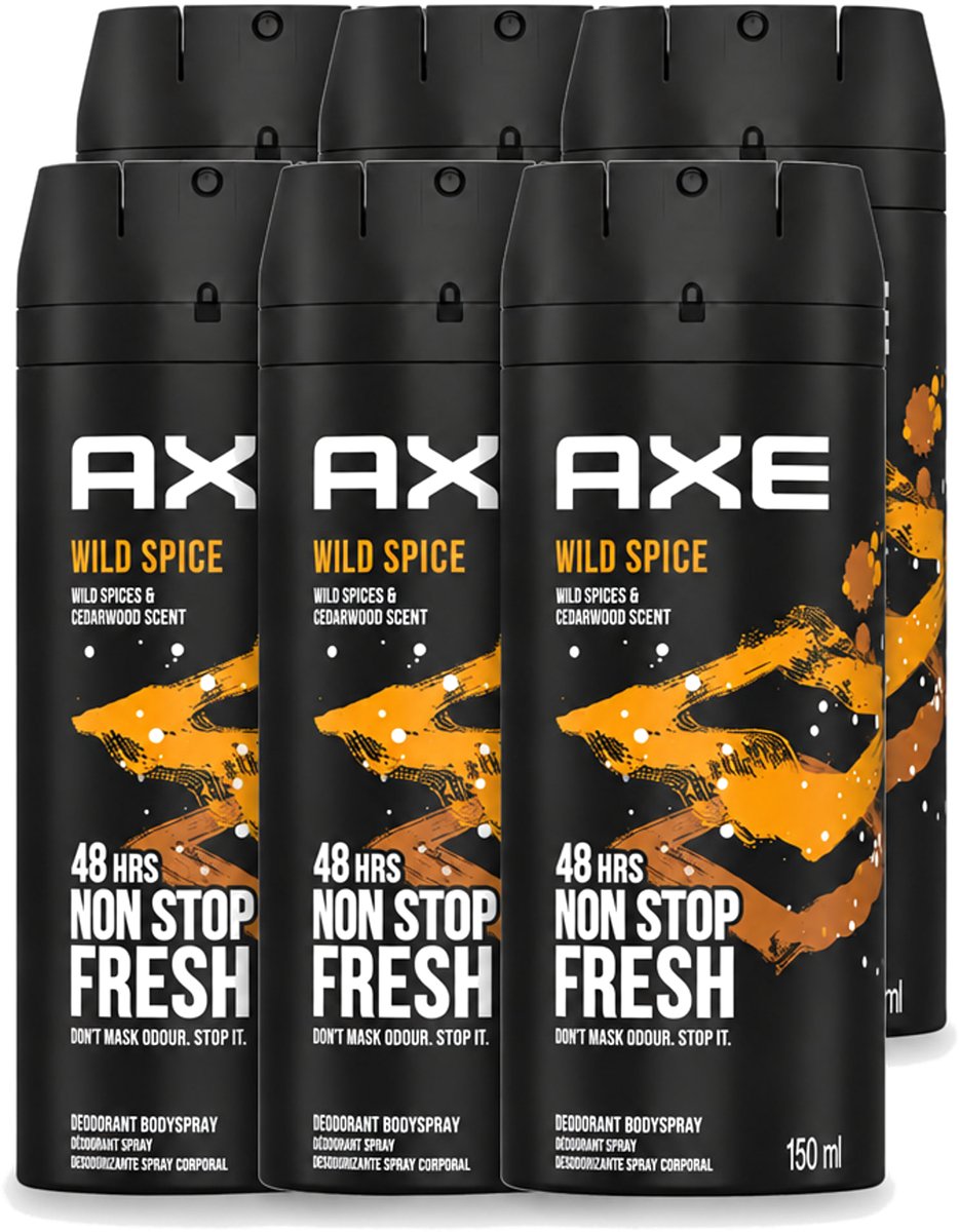 6 x Axe - Deodorant Bodyspray - 48hrs Non Stop Fresh - Wild Spice - Wild Spices & Cedarwood - 150 ml - Voordeelverpakking - 6 stuks