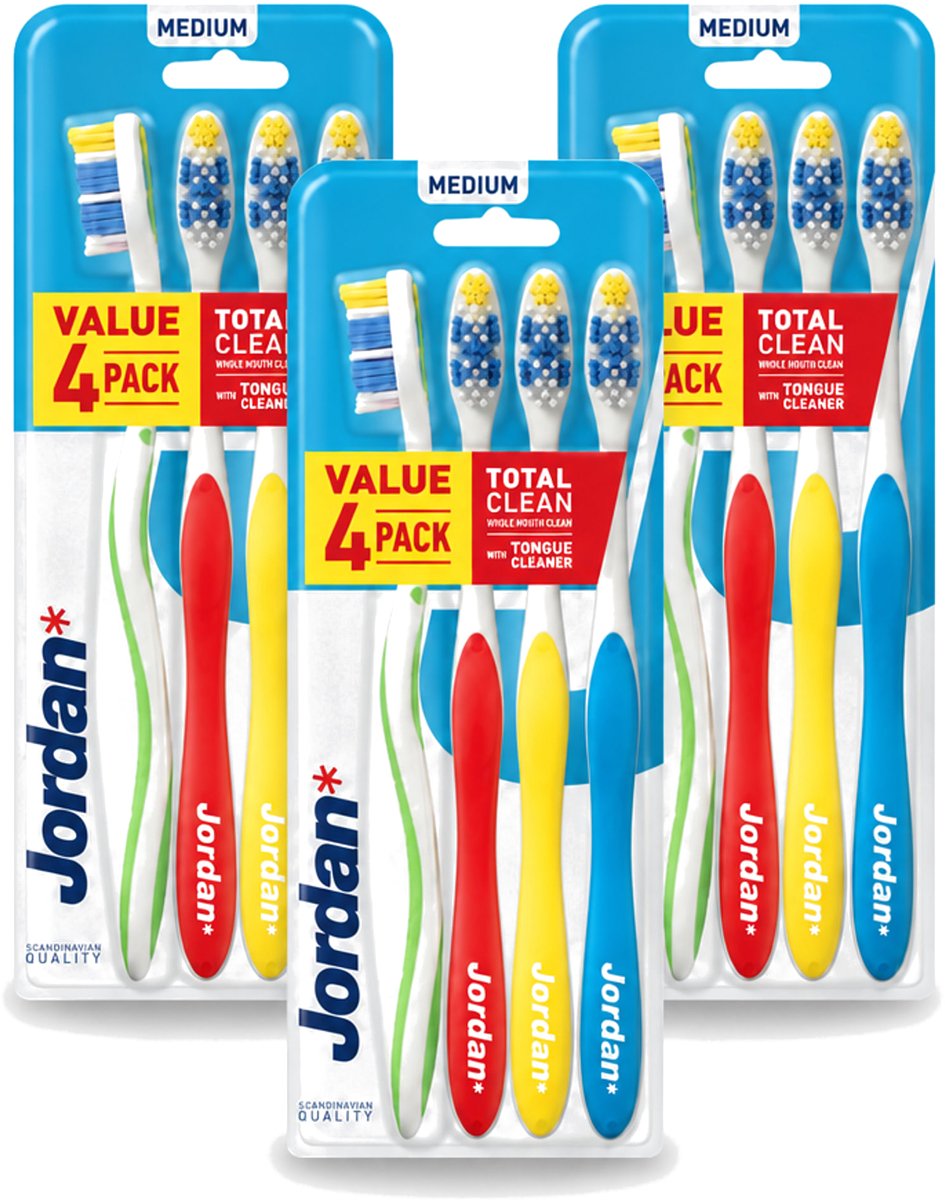 3 x Jordan - Total Clean - Tandenborstels Medium - 4 Tandenborstels - Bulkverpakking - 3 stuks