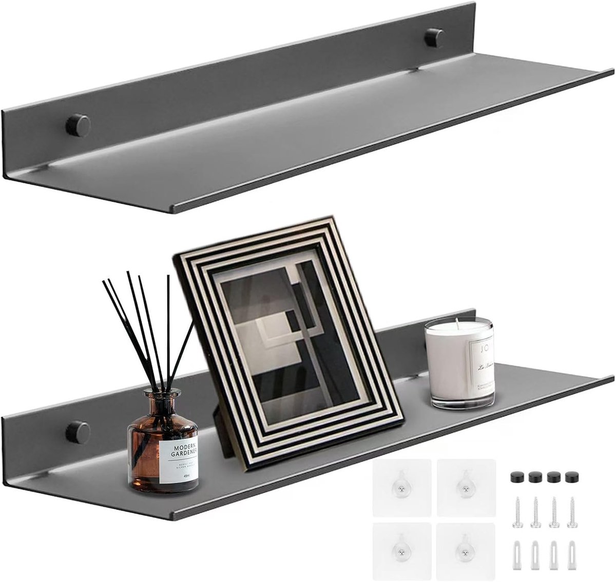 Set van 2 Drijvende Wandplanken zonder Boren, Aluminium Muurplanken voor Decoratie, Foto's en Verzamelobjecten, Ideaal voor Vazen en Snuisterijen