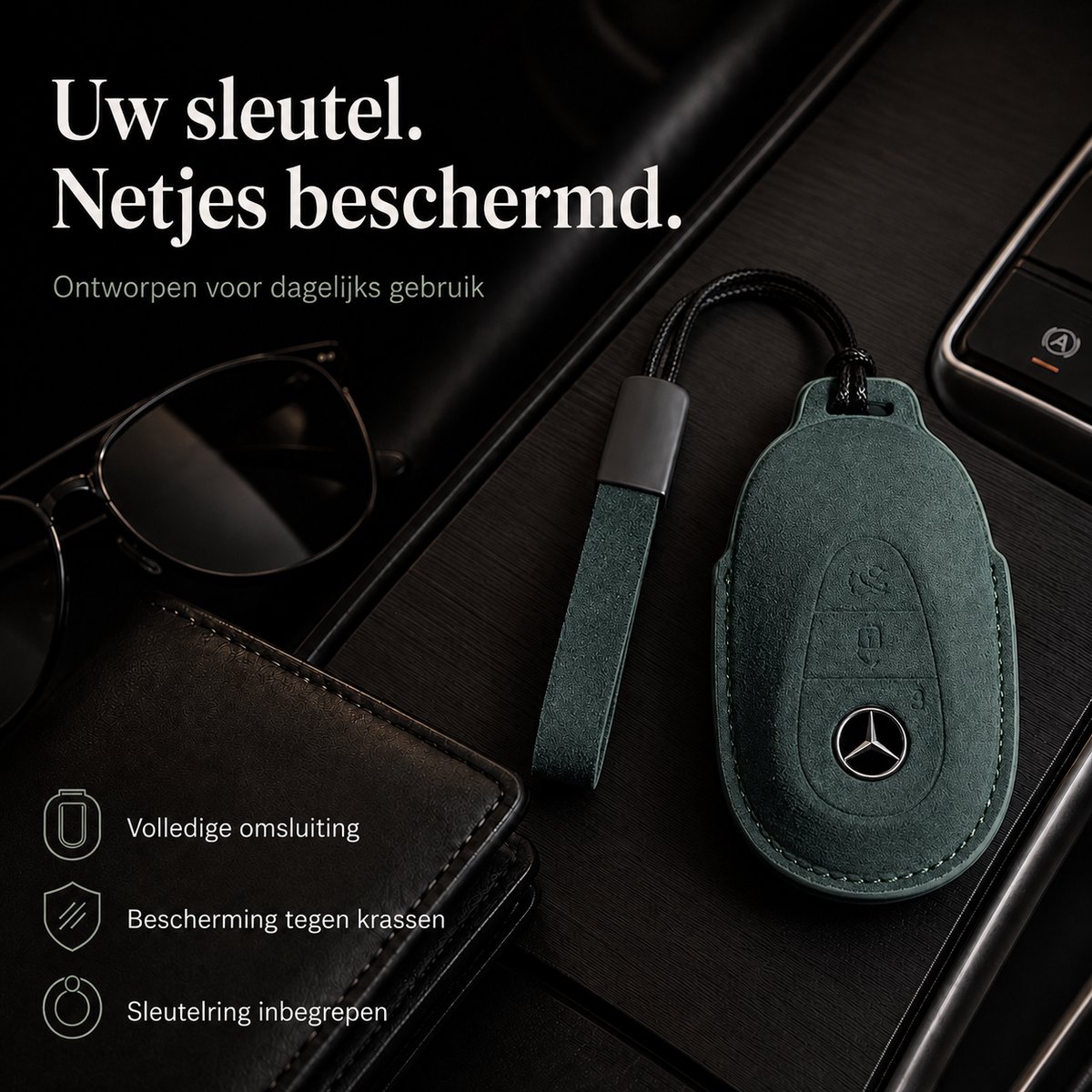 Zirkle Mercedes-Benz Autosleutel Hoesje Type F Groen – Luxe Leren Sleutelcover met Koordje en Draaglus – Beschermhoes voor Mercedes A B C E S Klasse GLA GLB GLC GLK – Krasbestendige 3D Key Case – Premium Auto Sleutel Accessoire