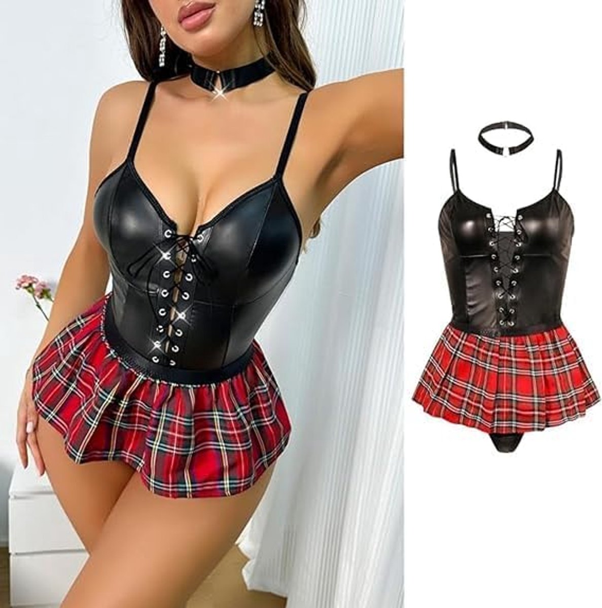 Lingerieset voor dames, sexy, 4-delig, body, kunstleer, korset, bustier, rok, Schotse rok, rood, teddy, jarretels, string, nekband, veters, bodysuit, bodysuit, bodysuit, clubwear, cosplay