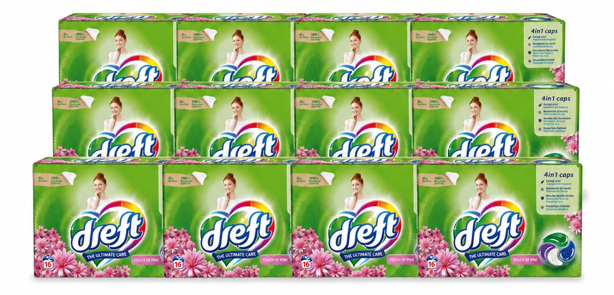 12 x Dreft - Wasmiddelcapsules - Touch of Pink - Geurige verzorging - 16 Wasbeurten - Voordeelverpakking - 12 stuks