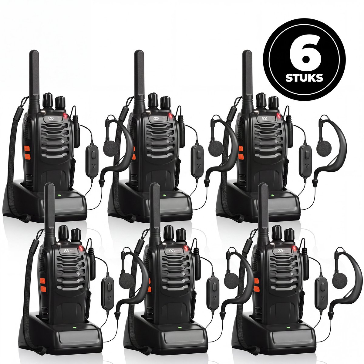 Infinity Goods Professionele Portofoon 6 Stuks - Walkie Talkie - 5km Bereik - LED Zaklamp - PMR 446 Mhz - Zwart