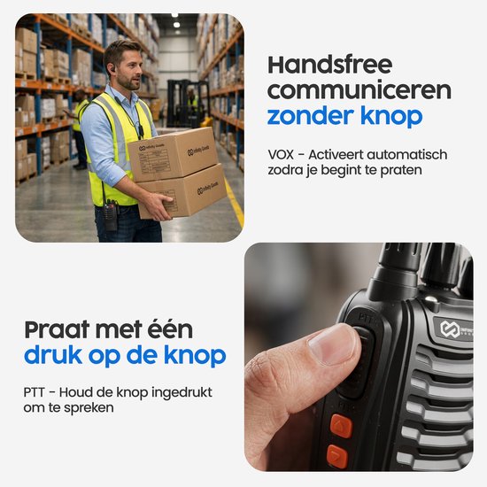 Man met portofoon in een magazijn, met de tekst 'Handsfree communiceren zonder knop'.