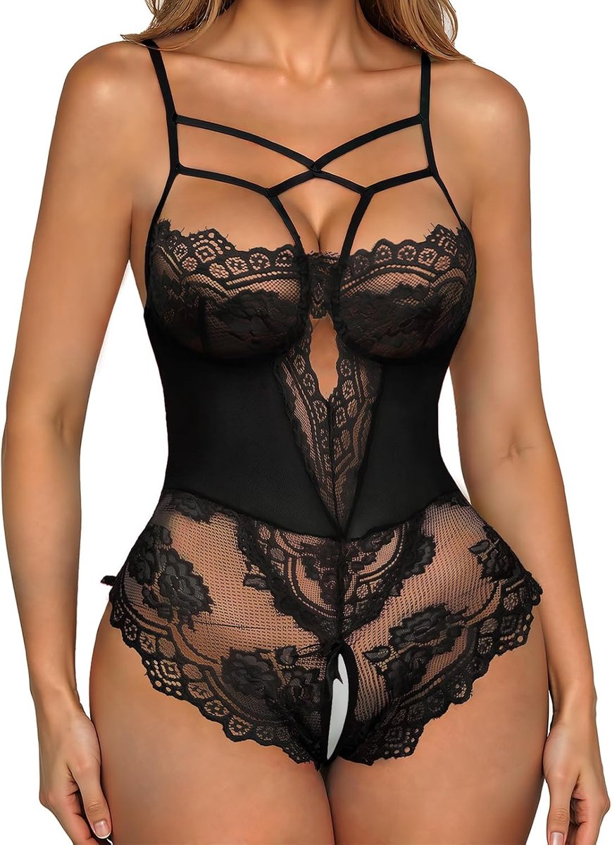 Body van kant, babydoll, voor dames, sexy en elegant, eendelig, met split van kant en V-hals, kleding