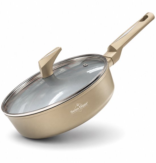 Swiss Haus® LDF28CH Hapjespan Inductie met Deksel - Ø 28 cm / 4.6 Liter - PFAS Vrij - Hapjespannen Voor Alle Warmtebronnen - Braadpan Met Sapphire™ Antiaanbaklaag - Champagne