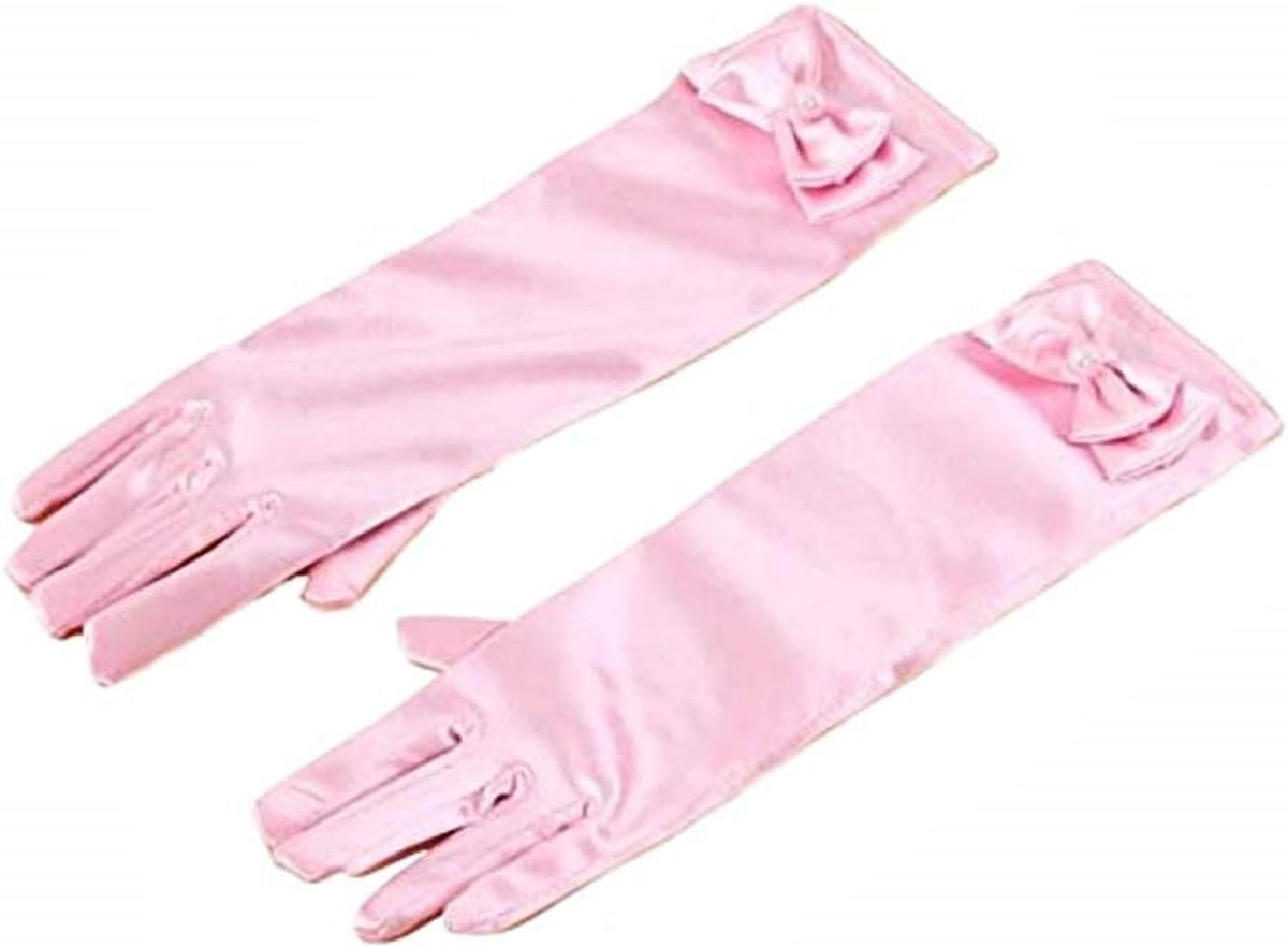 Handschoenen voor meisjes, satijn, gelamineerd, elastisch, roze, strik, parel, cadeau-idee voor Kerstmis, verjaardag, feest, Roze, One size