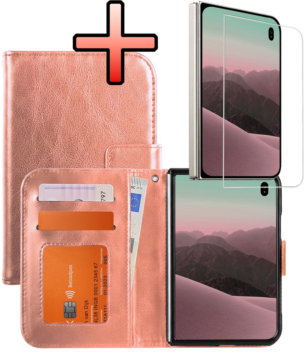 Hoesje - Met Screenprotector - Geschikt voor Apple iPhone Duo - Luxe Pasjeshouder - Bookcase Portemonee - Flip Case - Kunstleer Book Case - Flipcase - Book Cover - Walletcase - Portemonneehoes - Rosé goud