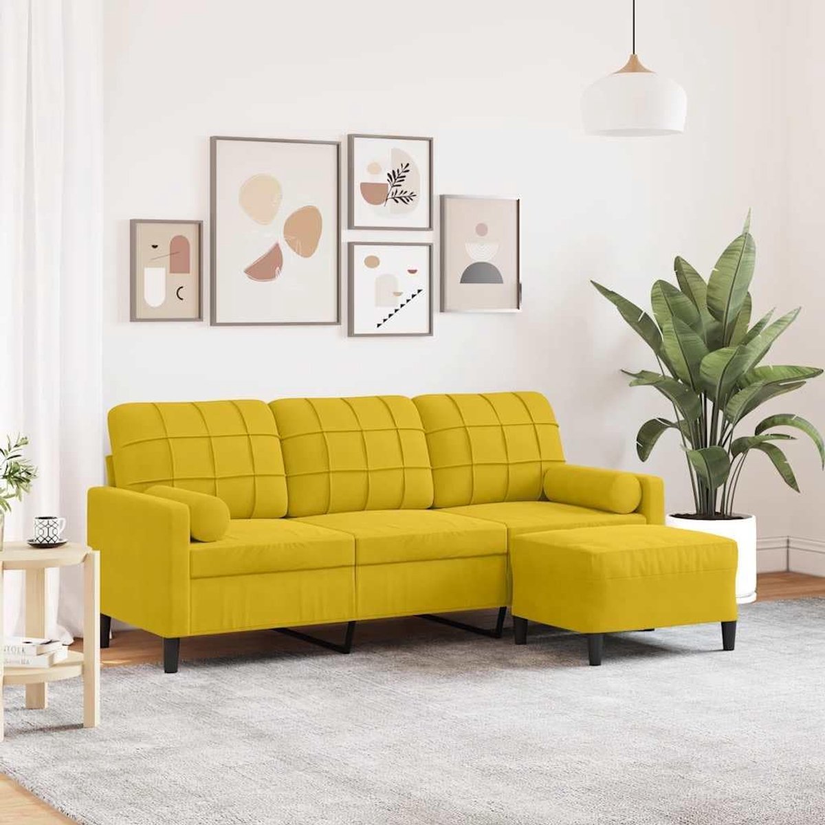 3-zitsbank met kruk in geel, 180 cm, fluwelen bekleding, comfortabel gestoffeerde meubels met metalen frame voor woonkamer, veelzijdige voetenbank als zitgelegenheid of voetensteun
