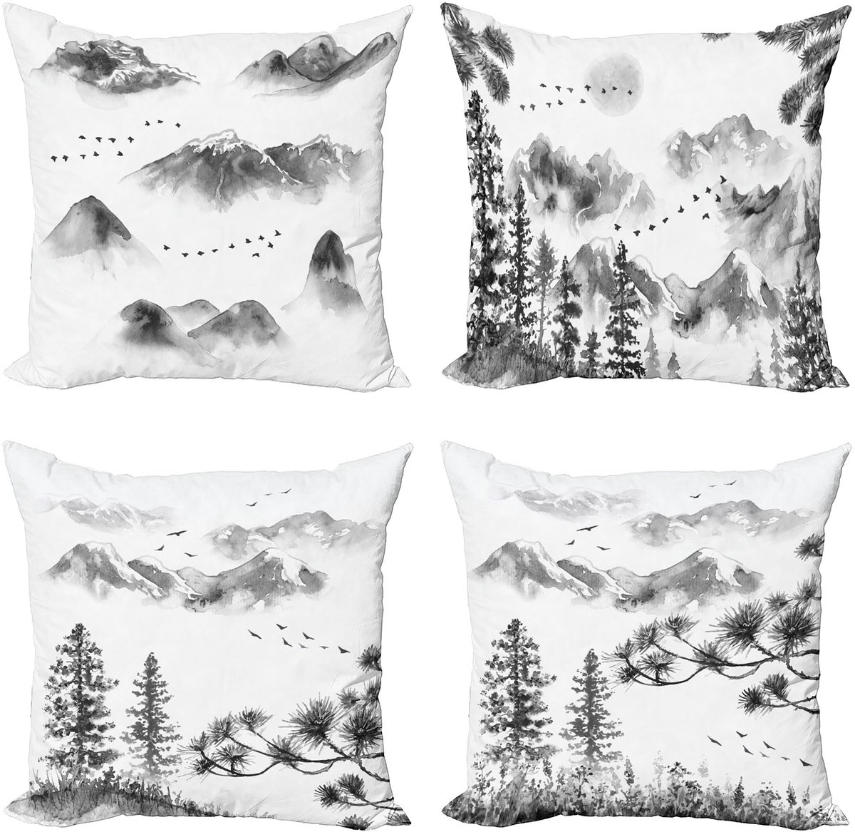 ABAKUHAUS Skizzieren Sierkussen Kussenhoes 4 er Set, Berge en Lente-Bomen, Modern Accent Dubbelzijdige Digitale Print, 50 x 50 cm, Grijs Wit