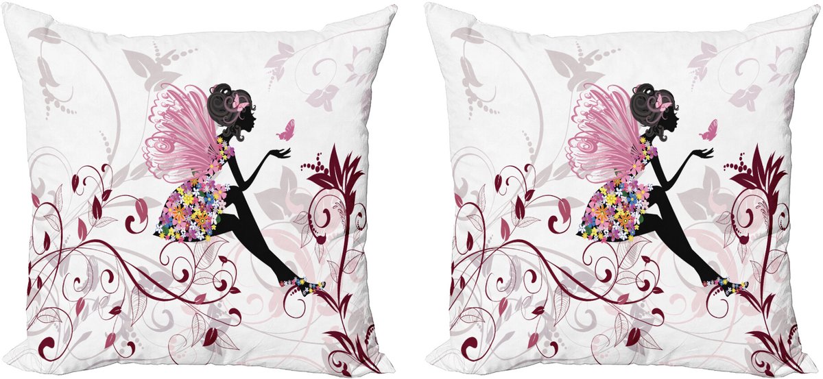 ABAKUHAUS Lente Sierkussenhoes Set van 2, Bloemen-Fee Schmetterlinge, Modern Accent Dubbelzijdige Digitale Print, 45x45, Bordeaux Zwart Roze