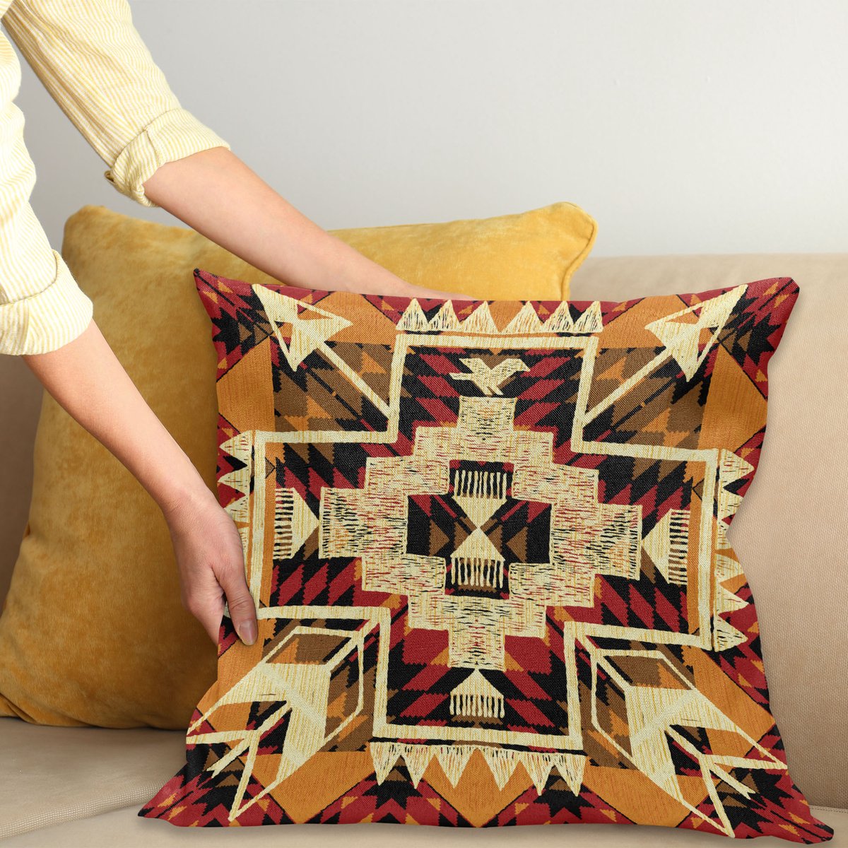 ABAKUHAUS Etnisch Kussenhoes, Boho Pflanze, Dubbelzijdige Digitale Print met Ritssluiting, Kleurecht, Onderhoudsvriendelijk en Wasbaar, 45 x 45 cm, Oranje Geel Rood