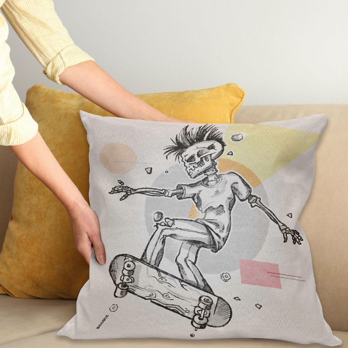 ABAKUHAUS Schädel Kussenhoes, Skating Skeleton Boy, Kussenhoes met Ritssluiting en Dubbelzijdige Print, 40 x 40 cm, Licht Grijs en Crème