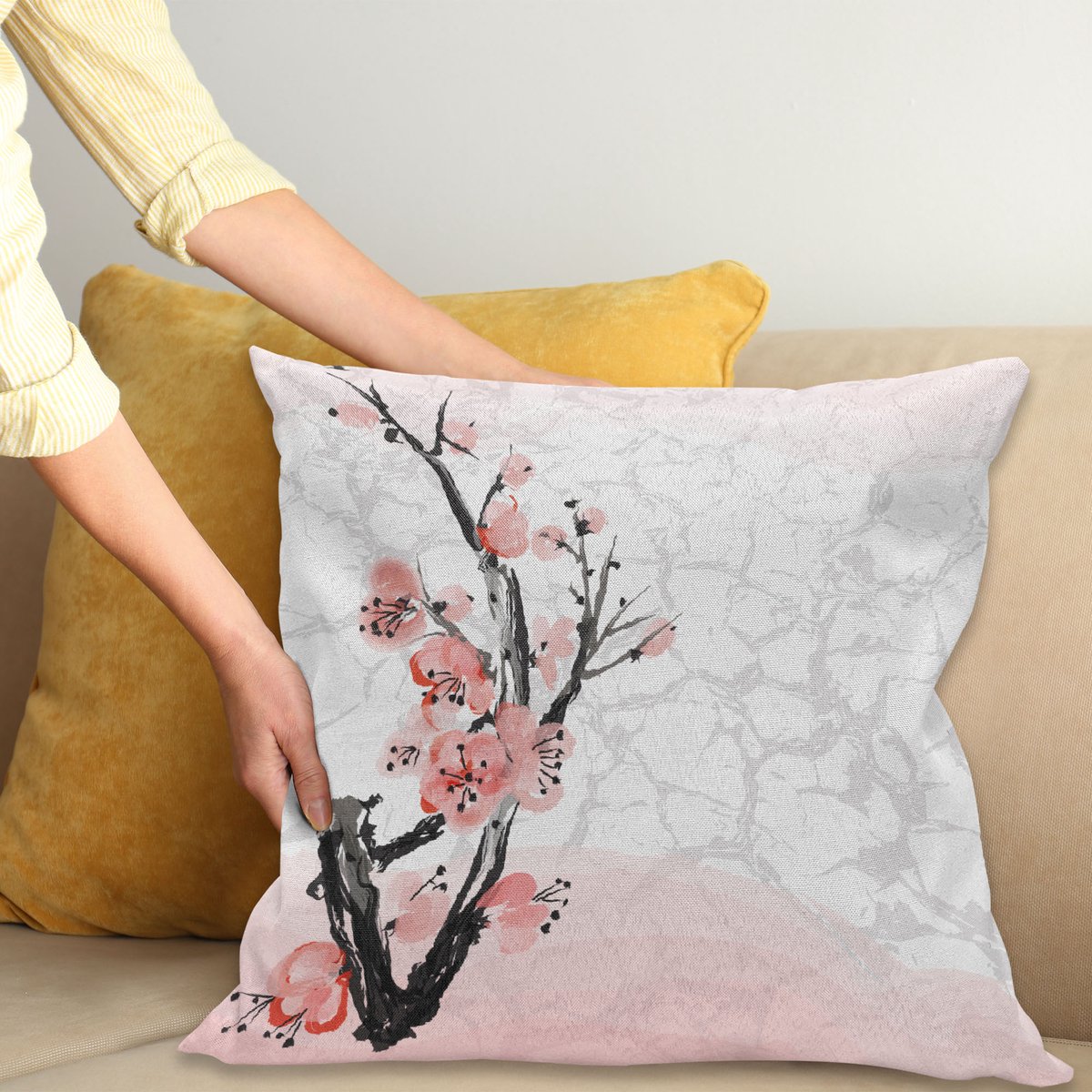 ABAKUHAUS Bloemen Sierkussenhoes, Japans Kersen Bloesem Sakura Boom Tak Zacht Pastel Aquarel Print, Decoratieve Vierkante Sierkussenhoes, 20" X 20", Koraal Lichtroze Grijs