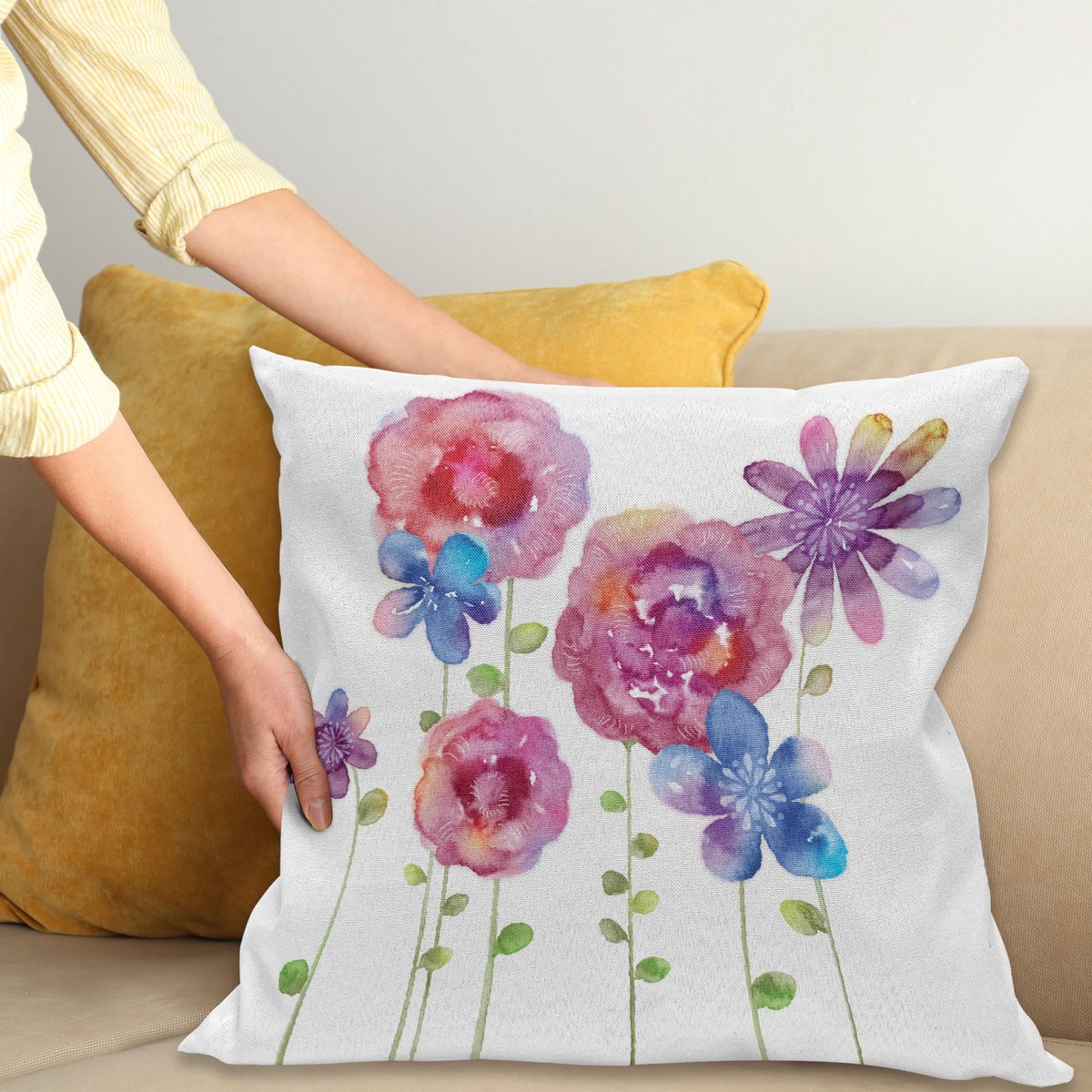 ABAKUHAUS Bloem Kussenhoes, Boheems Roze Bloesems, Water- en Vuilafstotende Stof met Digitale Print voor Binnen en Buiten, 60 x 60 cm, Roze Violet Blauw