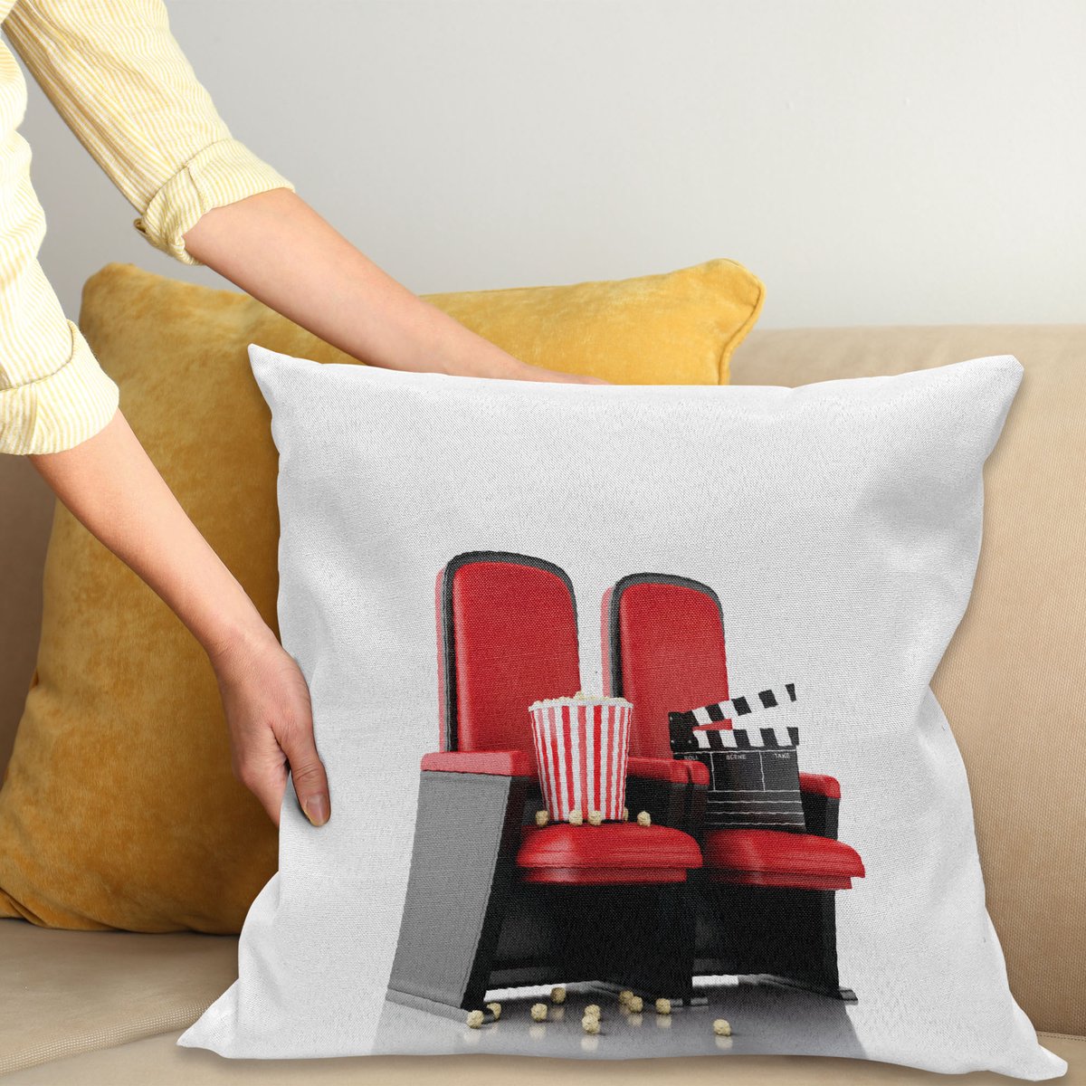 ABAKUHAUS Kino Kussenhoes, 3D-Theater-Sitze, Kussenhoezen met Dubbelzijdige Print Kleurecht Wasbaar en Ritssluiting, 60 x 60 cm, Rood Zwart Wit