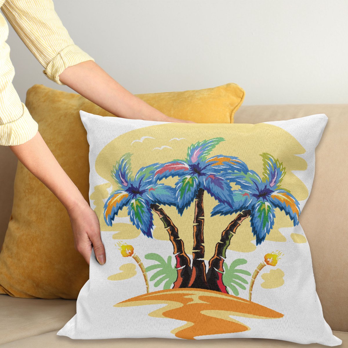 ABAKUHAUS Tropisch Kussenhoes, Cartoon-Insel-Zonsondergang, Decoratieve Kussenhoes met Dubbelzijdige Print, Ritssluiting, Wasbaar, 50 x 50 cm, Oranje Blauw