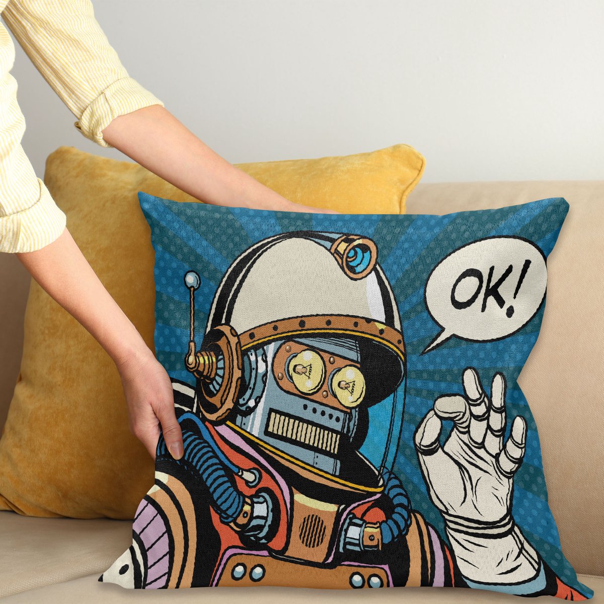 ABAKUHAUS Modern Kussenhoes, Futuristisch Comics Roboter, Digitale Print, Waterbestendig, Kleurecht, Wasbare Kussenhoes met Ritssluiting, 40 x 40 cm, Meerkleurig