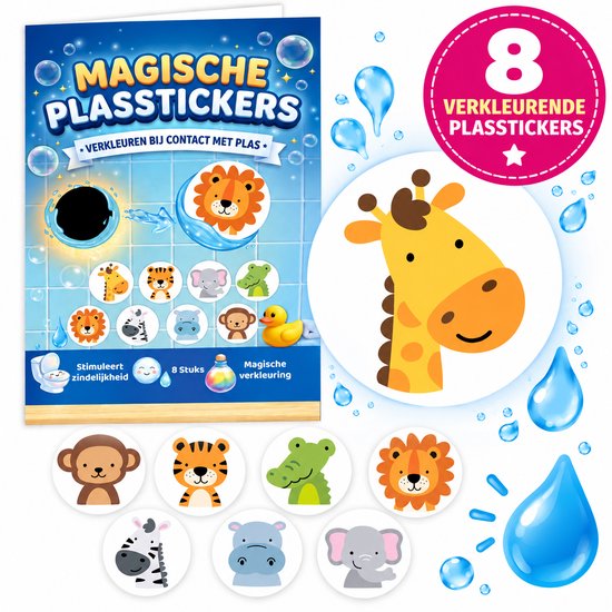 8 verkleurende plasstickers met dieren: leeuw, tijger, olifant, zebra, nijlpaard, aap, krokodil en badeend. Stimuleert zindelijkheid.