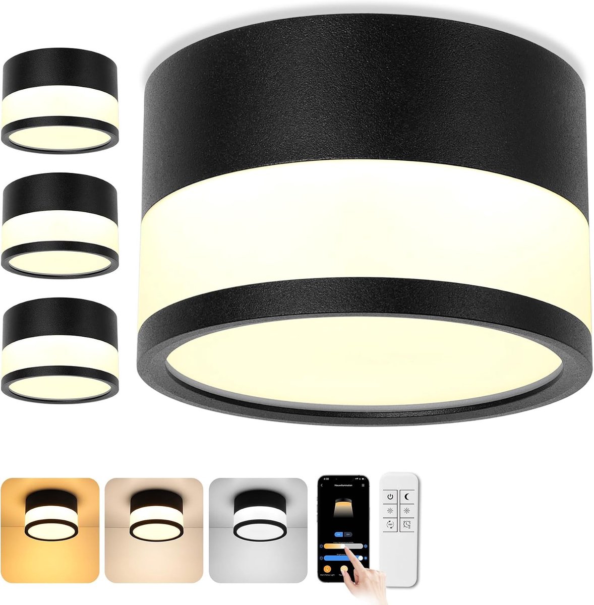 4 x led-opbouwspot, dimbaar, IP65 plafondlamp, opbouw met afstandsbediening, app, 12 W, plafondspots, zwart, 2700 K-6500 K, opbouwspot, plat, aluminium, 230 V, plafondlamp, rond, badkamerlamp, Ø