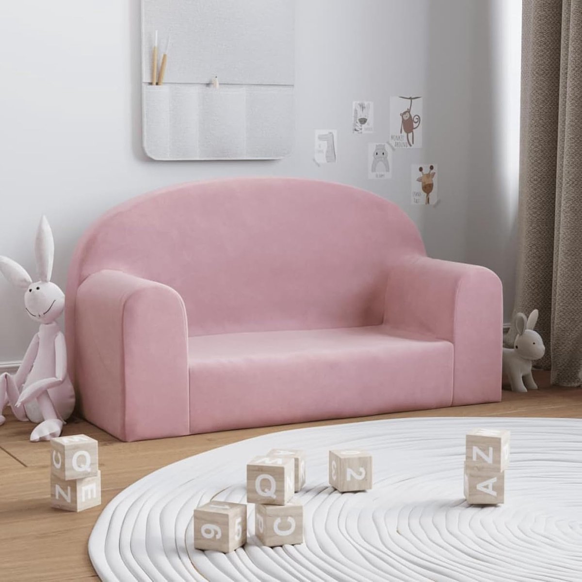 Kinderbank, 2-zits, roze, zacht pluche, kinderbank, mini-sofa, leesbank voor kinderkamer, speelkamer, logeerkamer, slaapkamer