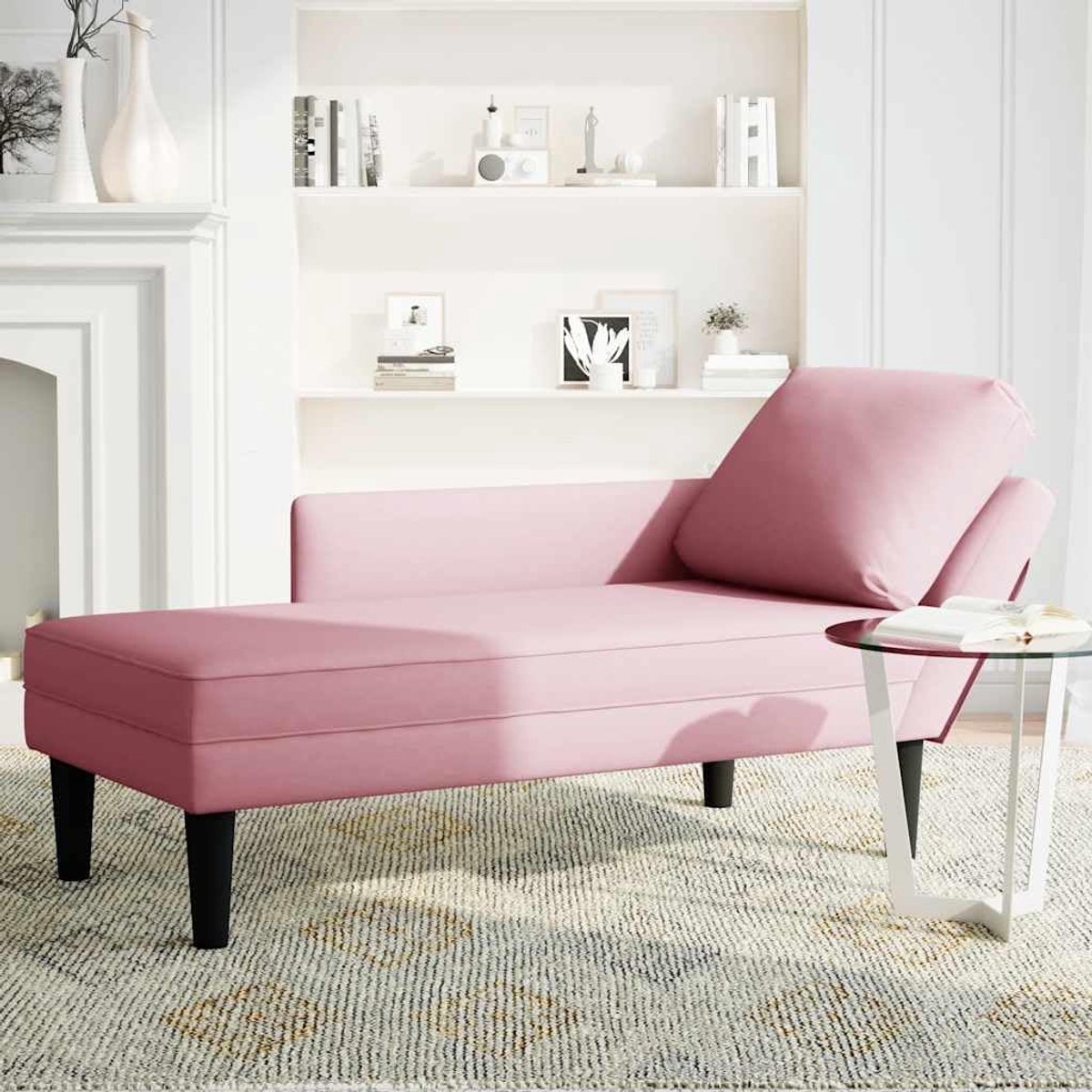 Chaise longue in roze met fluwelen bekleding, loungestoel met rechterarmleuning, gewatteerde relaxstoel voor woonkamer en slaapkamer, incl. lendenkussen, 132 x 56 x 70 cm