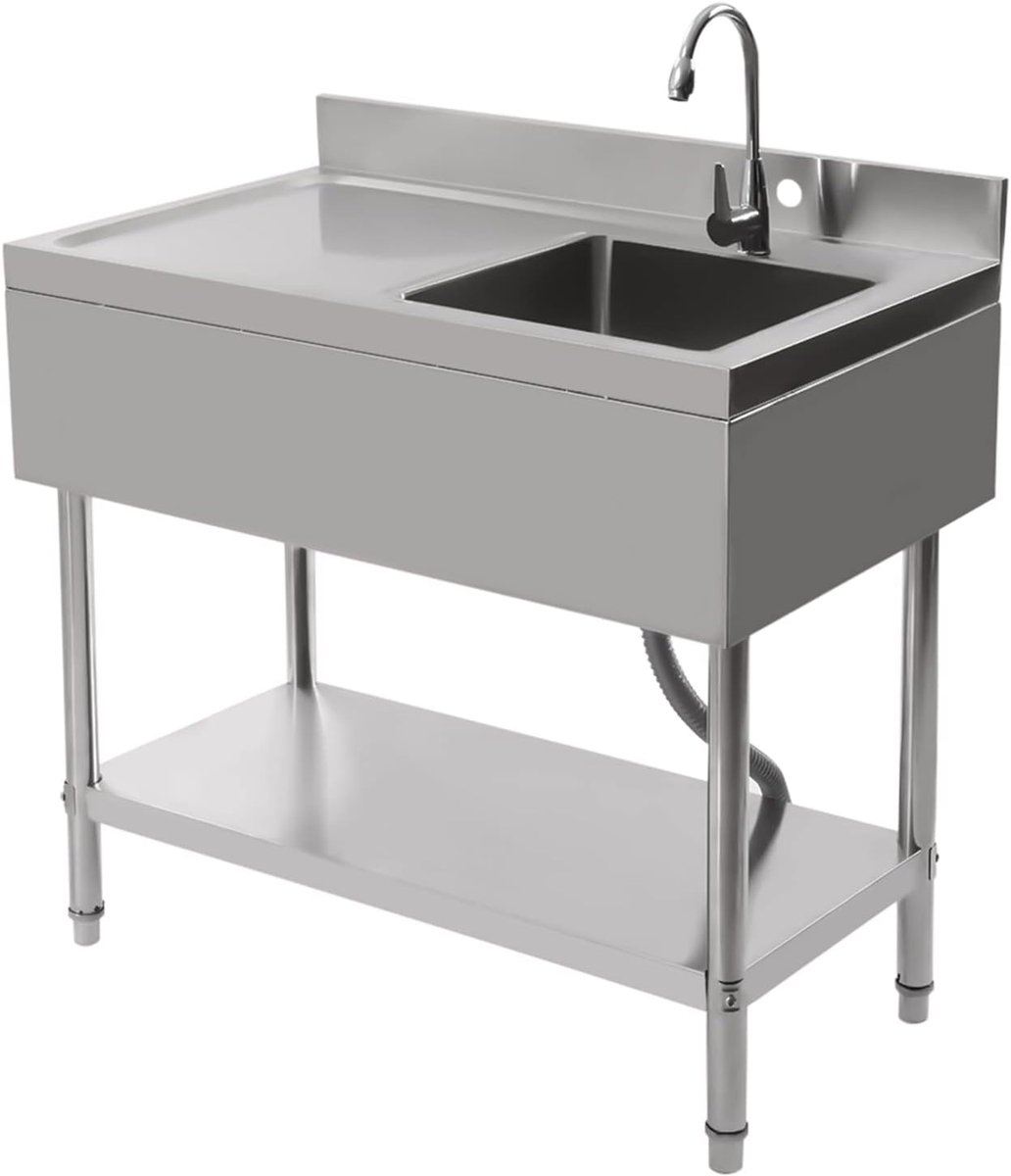 Spoelbak 100 cm breed met afdekplaat, 1 wasbak 40 x 40 x 25 cm, 2 niveaus, 360° draaibare kraan, afvoerzeef, afvoerslang, keukenspoelbak met onderkast, vrijstaande spoelbak