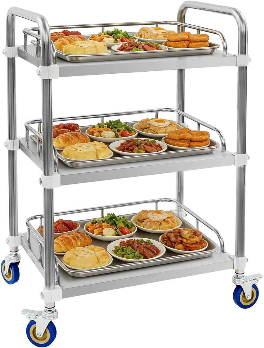 Serveerwagen met 3 niveaus, 50 x 40 x 86 cm, keukenwagen van roestvrij staal met 4 universele wielen, 2 remmen, beschermleuningen en zijhandgrepen, 25 kg per niveau voor keuken, laboratorium