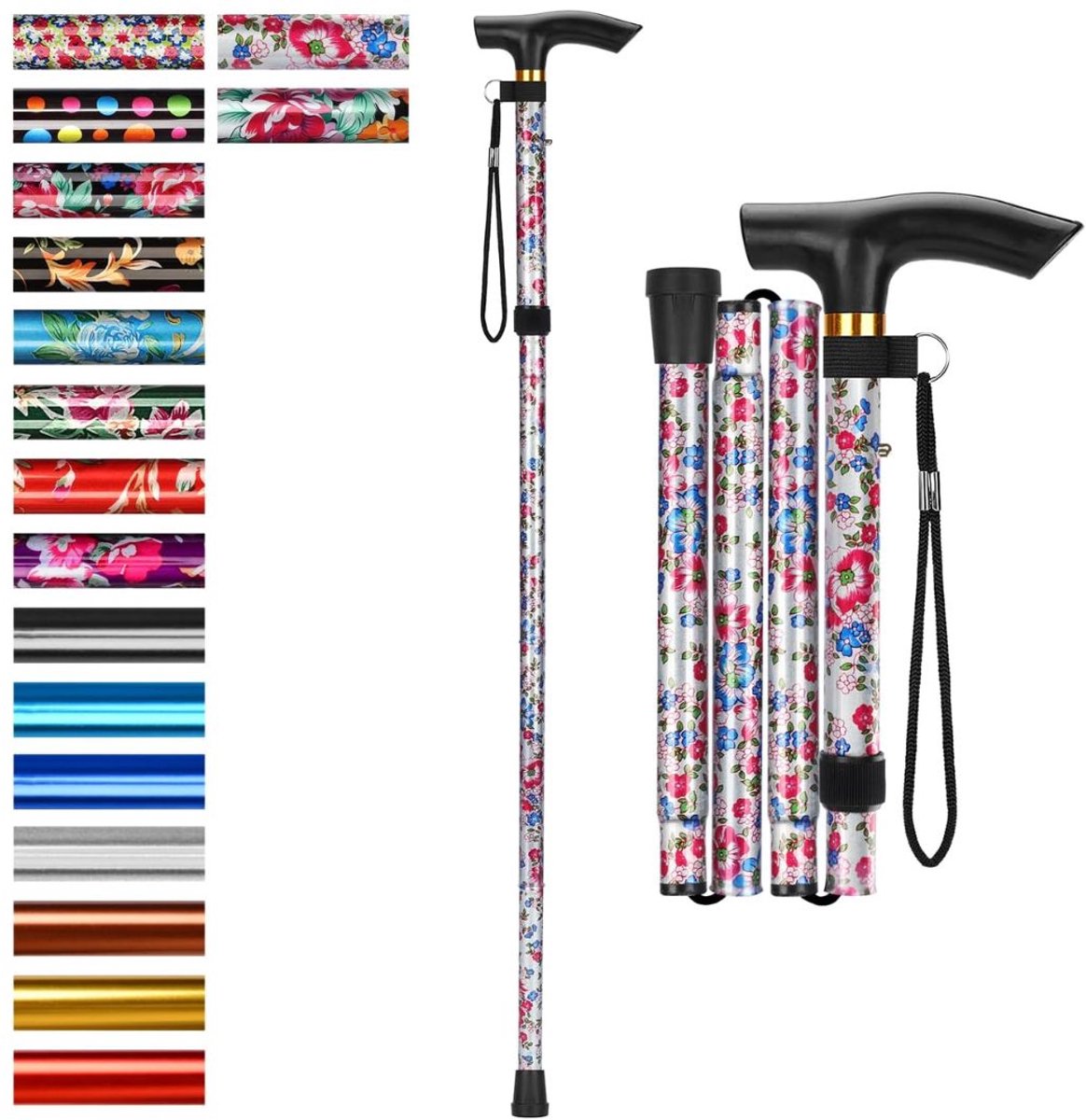 Zolvano® Wandelstok Opvouwbaar - Wandelstokken Dames en Heren -Wit Bloemen