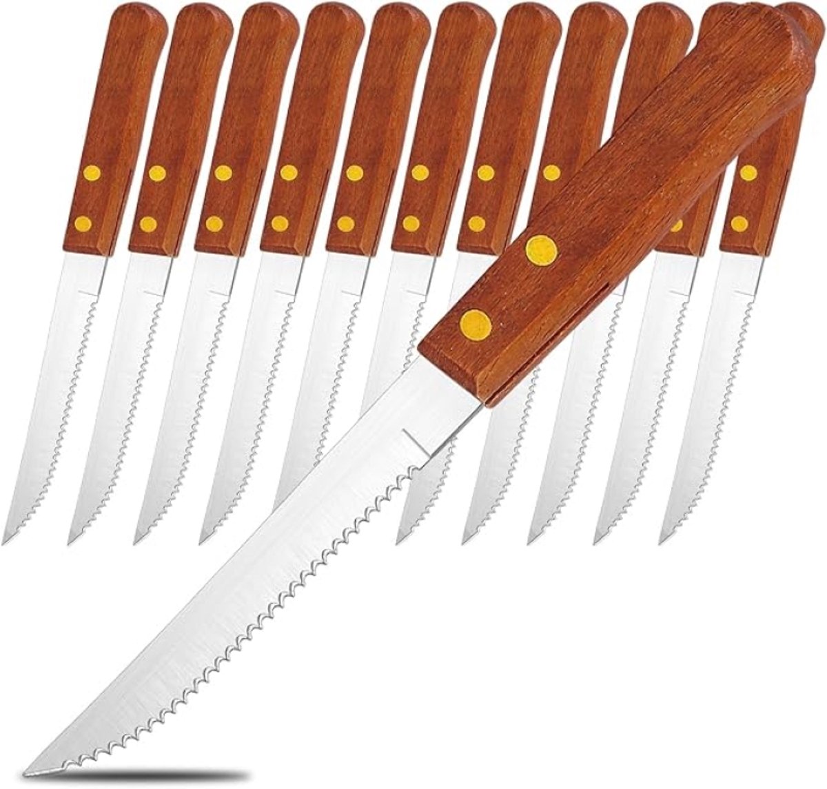 Steakmessen set van 12 - RVS gekartelde lemmet - Houten handvat - Steak bestek voor thuis, restaurant, feest en camping