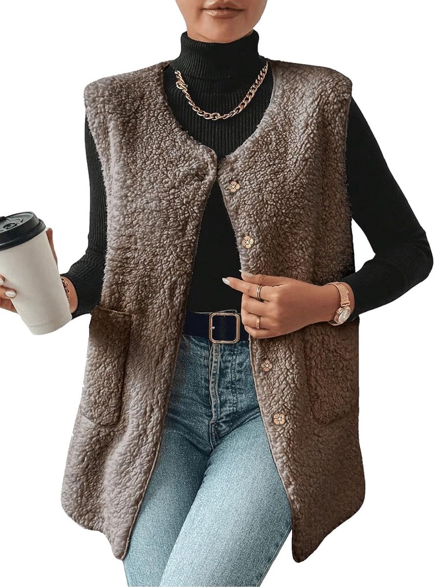 Lange fleecevest voor dames, winter, warm, mouwloos, sherpa, teddy, vest met V-hals, effen bontvest met knopen, licht jack, vest met zakken